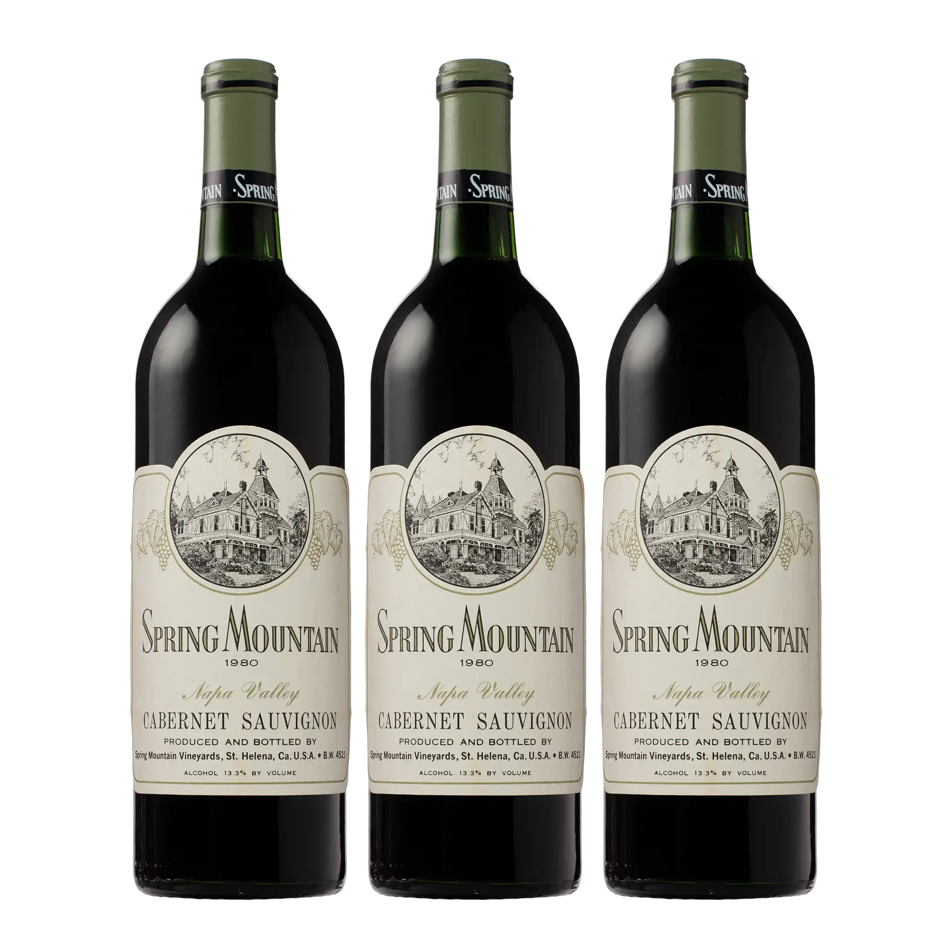 Three bottles of Spring Mountain Vineyard's 1980 Cabernet Sauvignon wine from Napa Valley.