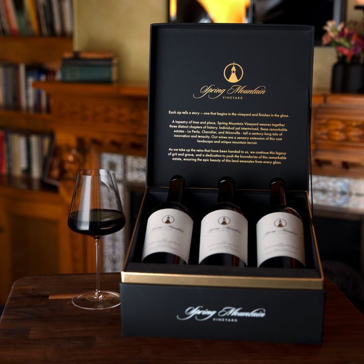 The Mountain Estate Collection gift set, featuring the 2021 Oriri Estate Cabernet Sauvignon, the 2021 Occasus Estate Cabernet Sauvignon and the 2021 Estate Cabernet wine bottles in a branded gift box.